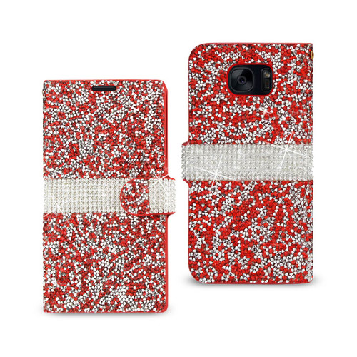 10 Pack - Reiko Diamond Rhinestone Wallet Case for Samsung Galaxy S7 Edge In Red