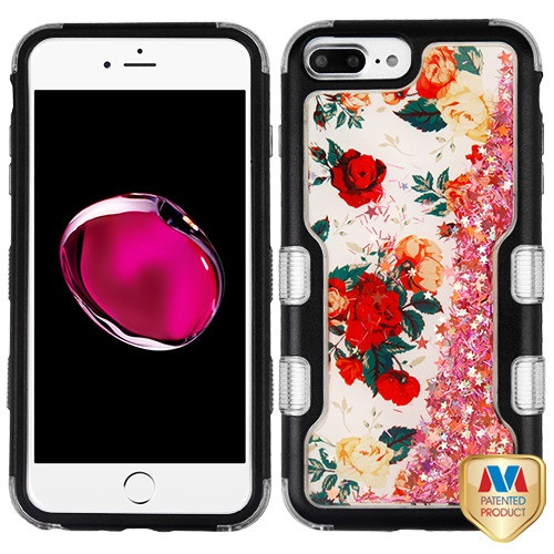 MYBAT Natural Black/Red and White Roses & Pink Meteor Shower TUFF Quicksand Glitter Hybrid Case for iPhone 8 Plus/7 Plus