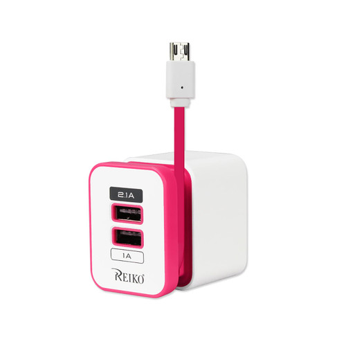 REIKO 2 AMP DUAL PORT PORTABLE TRAVEL ADAPTER CHARGER IN HOT PINK