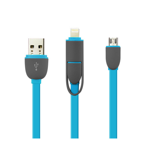 REIKO IPHONE 6 AND MICRO USB FLAT CABLE 3.2FT 2-IN-1 USB DATA IN BLUE