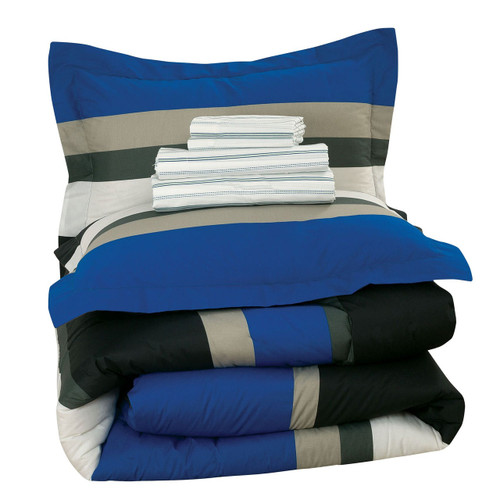 Brooklyn Flat Queen Size Rugby Stripe Bed in a Bag with Reversible Comforter