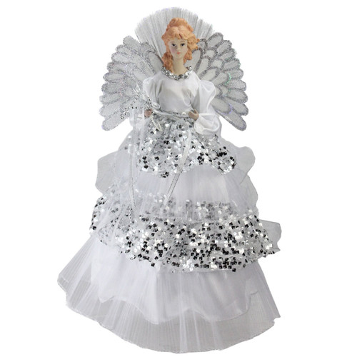 Northlight 16" Lighted Fiber-Optic Angel Sequined Gown Christmas Tree Topper - White and Silver