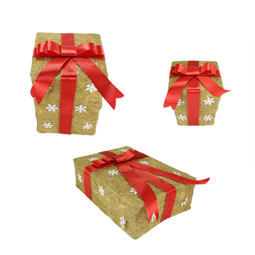 Northlight 3-Pc. 13" Pre-Lit Snowflake Gift Box Outdoor Christmas Yard Art Decor - Gold and Red