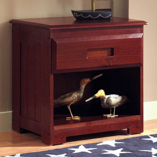 Solid Pine Nightstand with One Drawer and Open Storage in Merlot