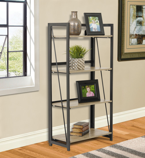 OS Home and Office Furniture Model 42244 No Tool Four Shelf Bookcase with Metal Legs and Sewn Oak Laminate Shelves 