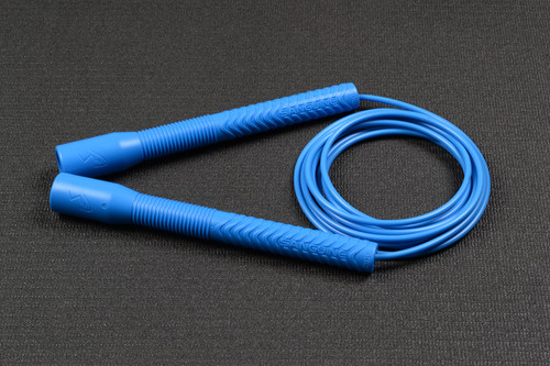 Vinyl tube jump rope with sparkly pom-poms, blue and Silver, spinning  handles
