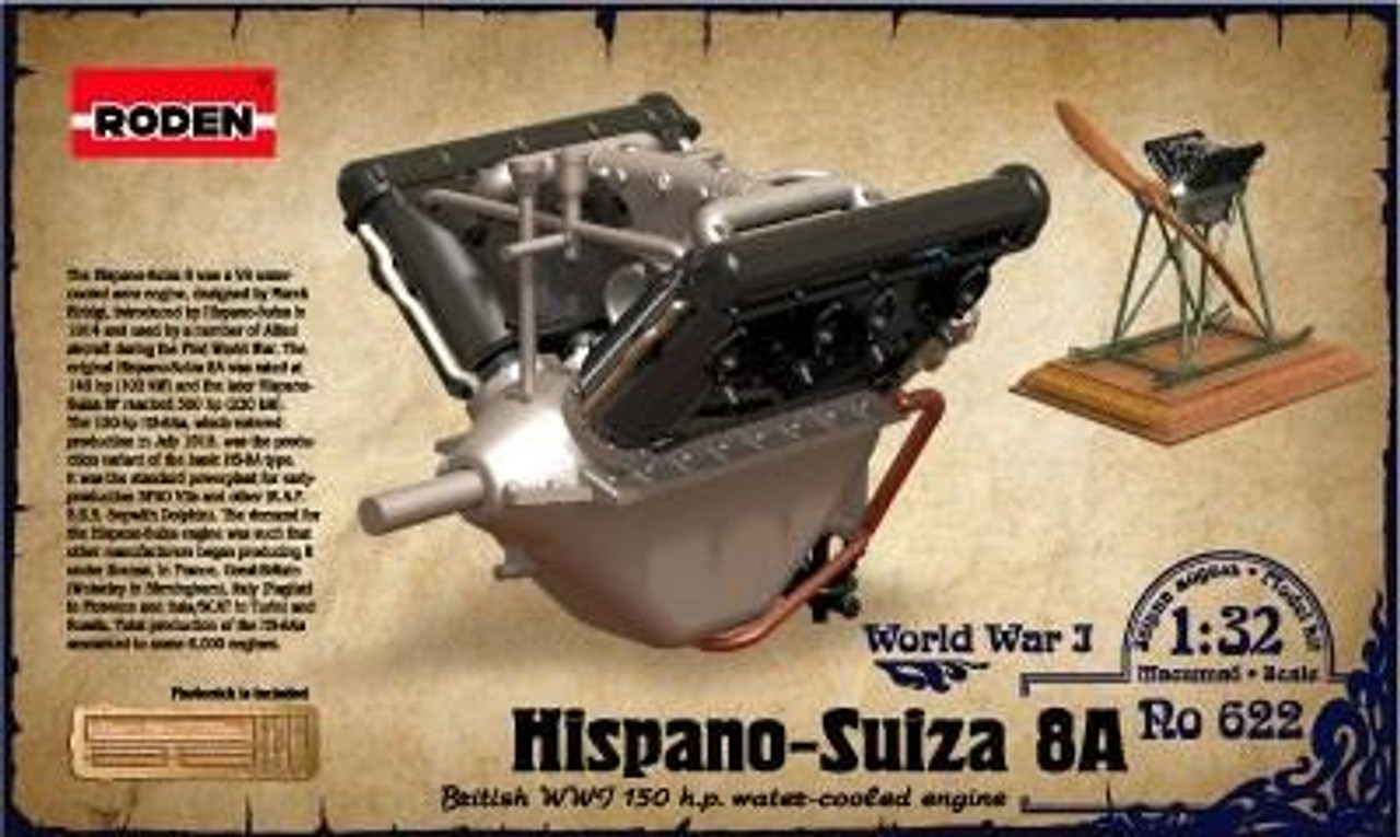 ROD622 1/32 Roden Hispano Suiza 8A WWI 150hp Water-Cooled Aircraft Engine MMD Squadron