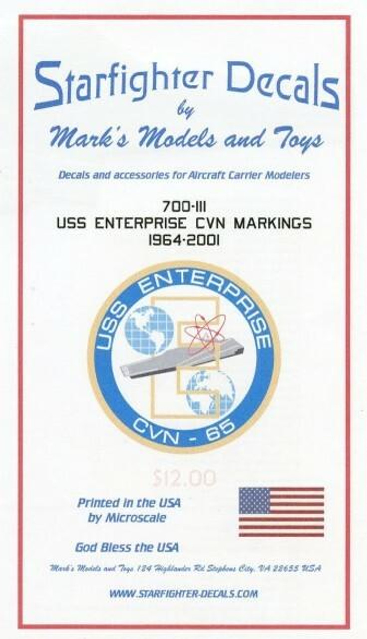 SFA700111 1/700 -1/720 Starfighter Decals - USS Enterprise CVN65 Ship Markings 1964-2001 MMD Squadron