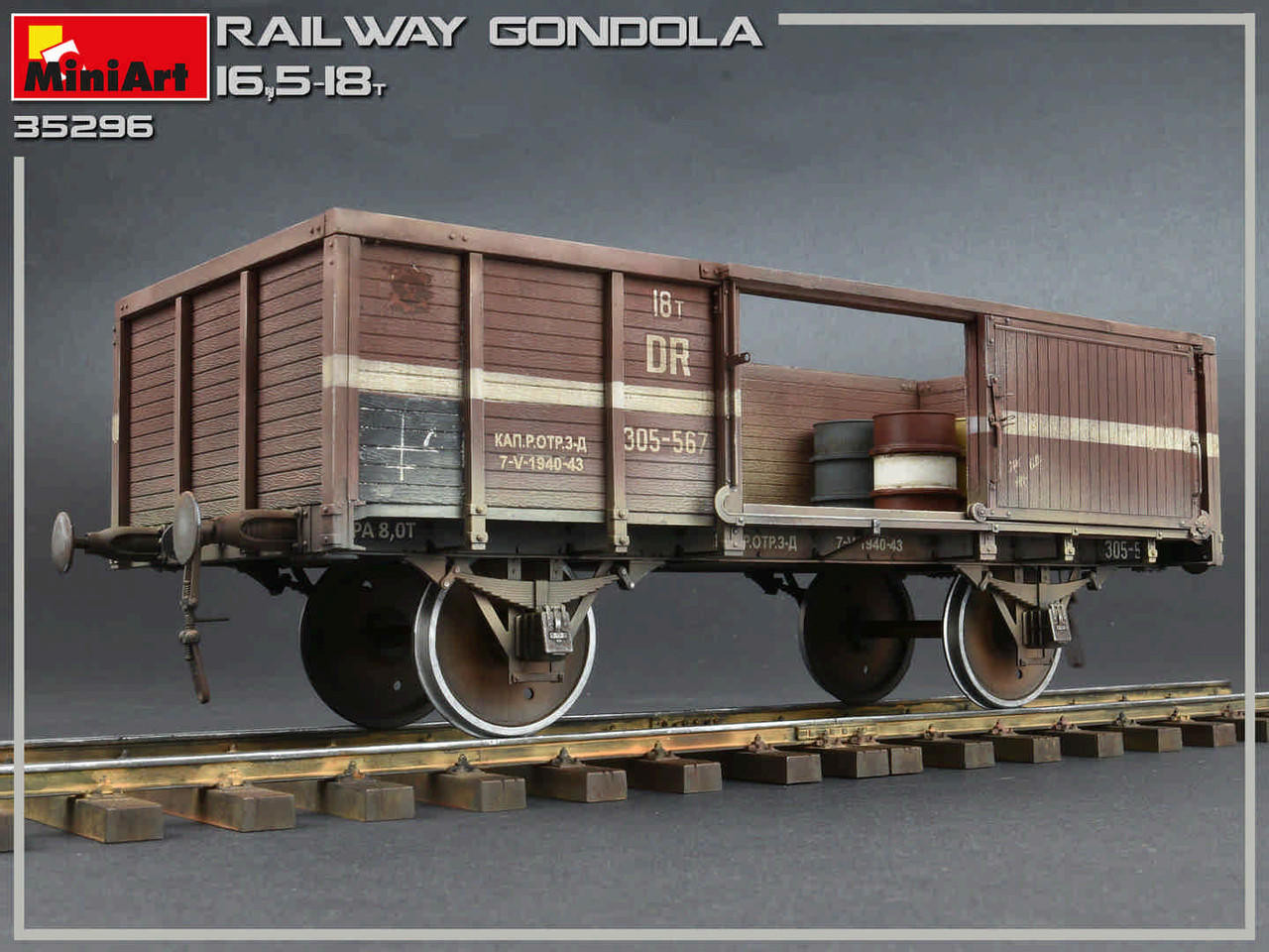 1/35 Miniart WWII 16.5 18-Ton Railway Gondola w/Figures (5) & Fuel Drums (8)