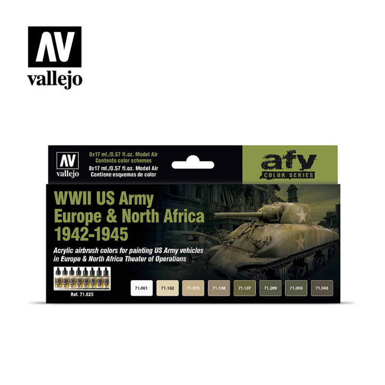 VJ71625 Vallejo Paint 17ml Bottle WWII US Army Europe and North Africa 1942-1945 Model Air AFV Paint Set 8 Colors MMD Squadron