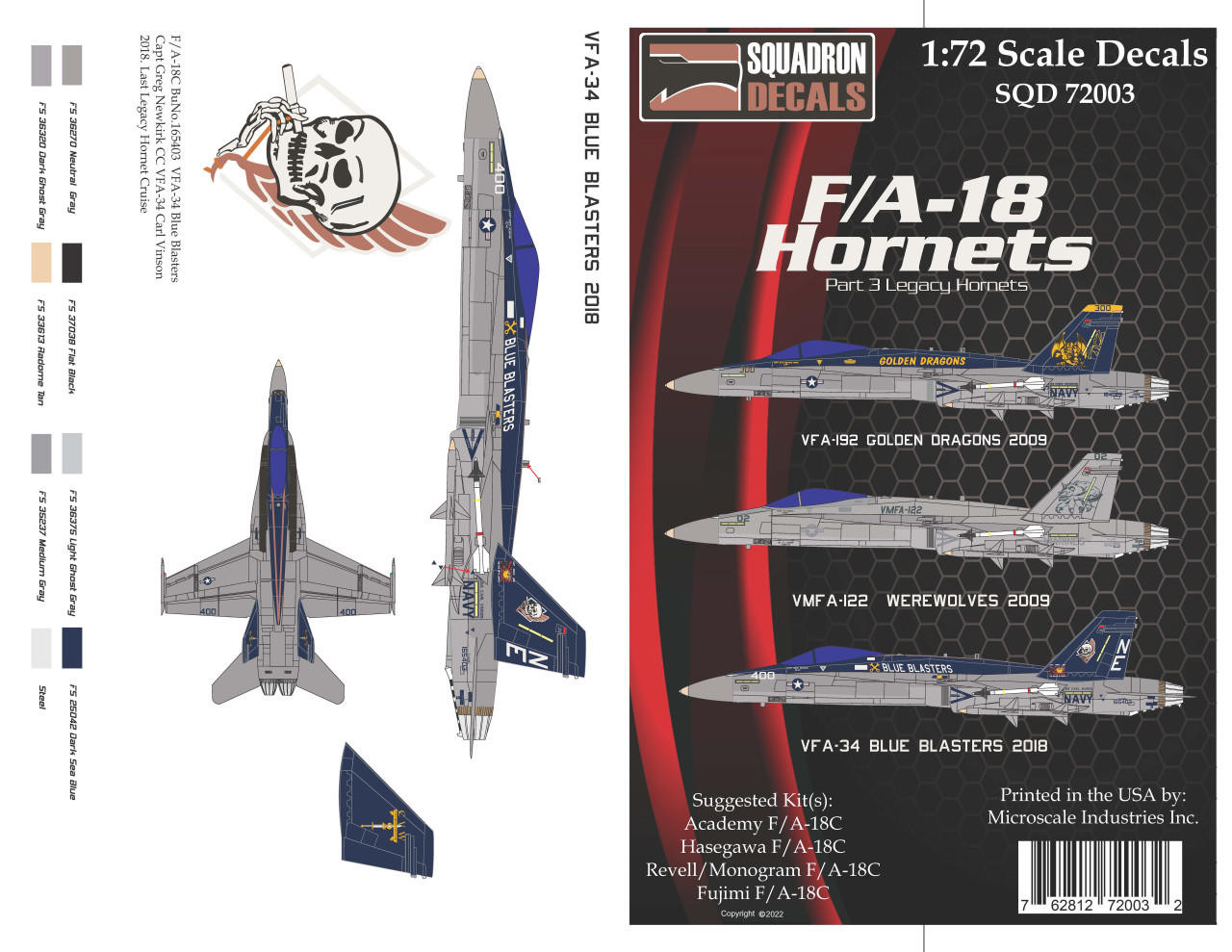 1/72 Squadron Decals - F/A-18C Hornets Blue Blasters Golden Dragons and  Werewolves