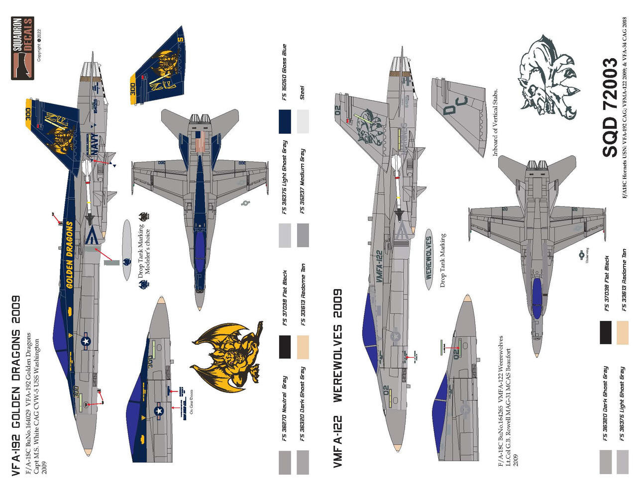 1/72 Squadron Decals - F/A-18C Hornets Blue Blasters Golden Dragons and  Werewolves