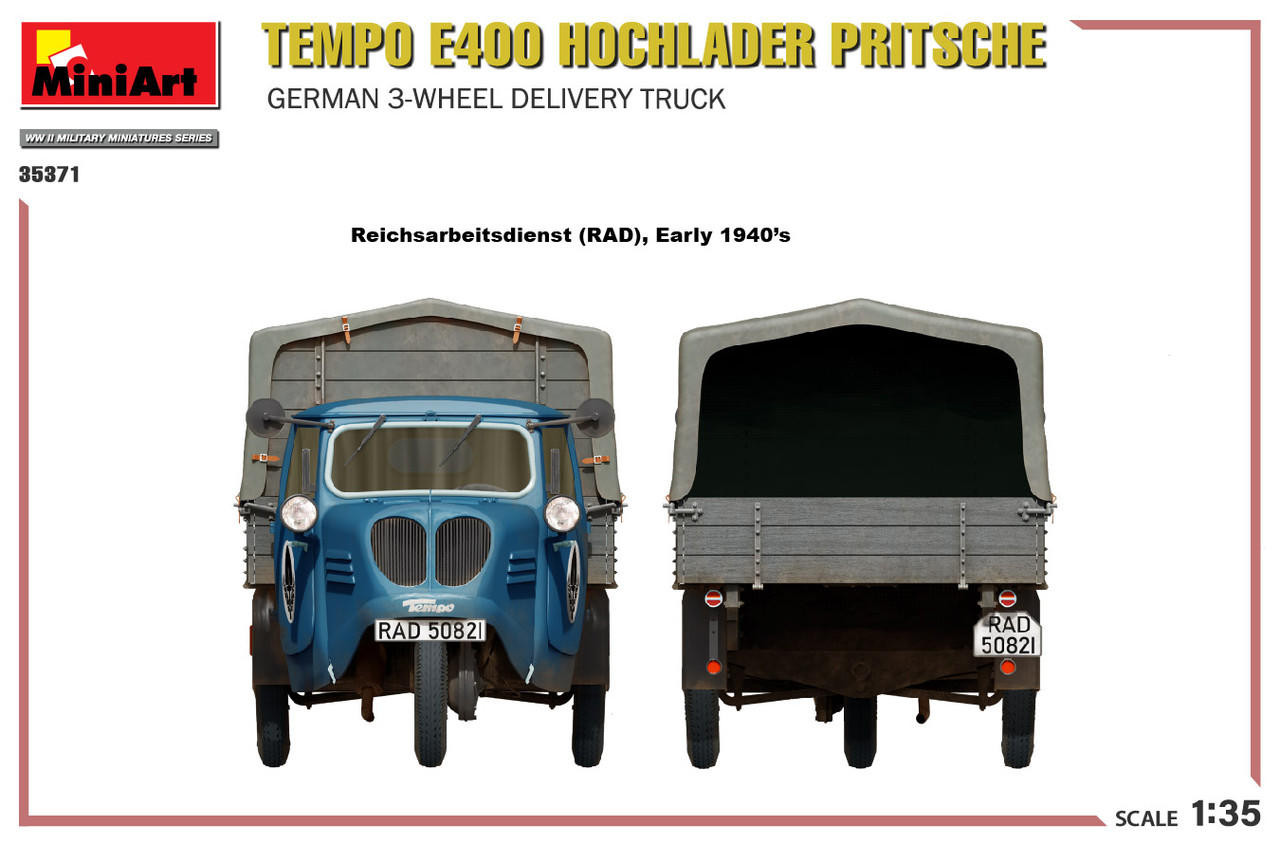 1/35 Miniart Tempo E400 Hochlader Pritsche. German 3-Wheel Delivery Truck 