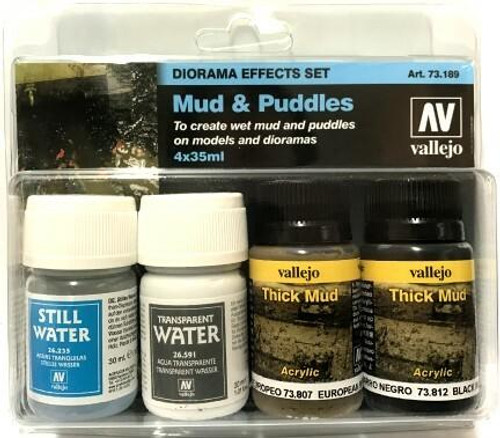 VJ73189 Vallejo 35ml/30ml Bottles Mud and Puddles Diorama Effect Paint Set 4 Different MMD Squadron