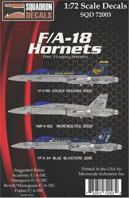 SQC72003 1/72 Squadron Decals - F/A-18C Hornets Blue Blasters, Golden Dragons and Werewolves MMD Squadron