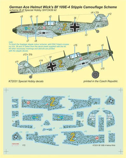 CMK-100-K72031 1/72 Special Hobby Bf 109E-4 German Ace H Wick Decal Motley Camo Decals MMD Squadron