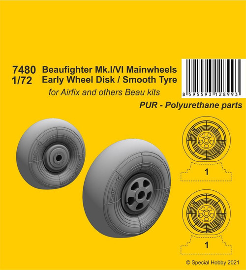 CMK-129-7480 1/72 CMK Beaufighter MkI/VI Mainwheels - Early Wheel Hub / Smooth Tyre Resin MMD Squadron