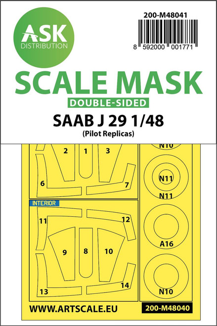 ASKM48041 1/48 Art Scale SAAB J29 B  double-sided painting mask for Pilot Replicas  MMD Squadron