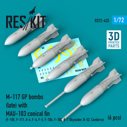 RES-RS72-0435 1/72 Reskit M-117 GP bombs (late) with MAU-103 conical fin (6 pcs) (F-111, A-4 ,F-4, F-5, F-104, F-100, A-1 Skyraider, B-52, Canberra) (3D Printing)  MMD Squadron