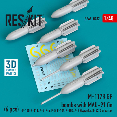 RES-RS48-0432 1/48 Reskit M-117R GP bombs with MAU-91 fin (6 pcs) (F-111, A-4 ,F-4, F-5, F-104, F-100, A-1 Skyraider, B-52, Canberra) (3D Printing)  MMD Squadron