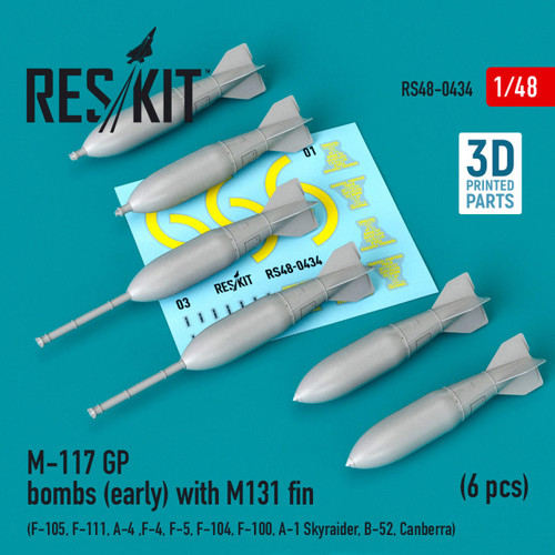 RES-RS48-0434 1/48 Reskit M-117 GP bombs (early) with M131 fin (6 pcs) (F-111, A-4 ,F-4, F-5, F-104, F-100, A-1 Skyraider, B-52, Canberra) (3D Printing)  MMD Squadron