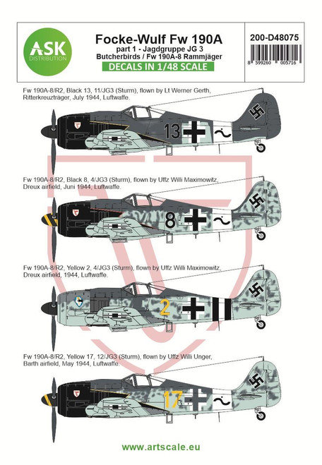 ASKD48075 1/48 Artscale  Focke-Wulf Fw 190A-8/R2 part 1 - JG 3 Butcherbirds /  Fw 190A-8 Rammjager  MMD Squadron