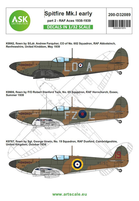 ASKD32089 1/32 Artscale  Spitfire Mk.I early part 2 - RAF aces 1938 / 1939  MMD Squadron