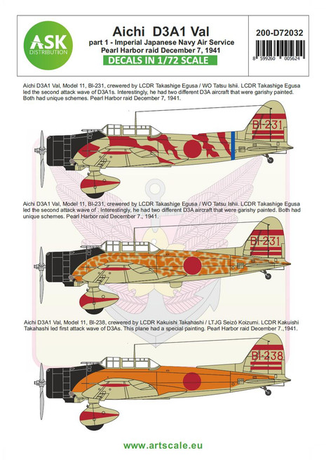 ASKD72032 1/72 Artscale Aichi D3A1 Val part 1 - Pearl harbor raid, 7. December 1941 MMD Squadron ASKD72032 1/72 Artscale Aichi D3A1 Val part 1 - Pearl harbor raid, 7. December 1941 MMD Squadron