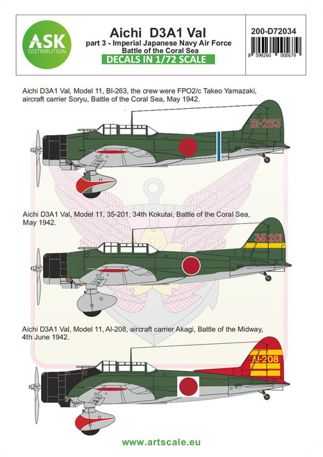 ASKD72034 1/72 Artscale  Aichi D3A1 Val part 3 - Japanese Imperial Army Air Service, Battle of the Coral Sea  MMD Squadron