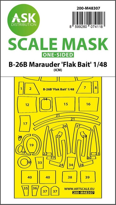 ASKM48307 1/48 Artscale  B-26B Marauder "Flak Bait" one-sided express fit mask for ICM  MMD Squadron