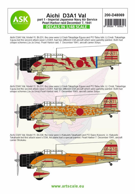 ASKD48069 1/48 Artscale Aichi D3A1 Val part 1 - Pearl harbor raid, 7. December 1941 MMD Squadron ASKD48069 1/48 Artscale Aichi D3A1 Val part 1 - Pearl harbor raid, 7. December 1941 MMD Squadron