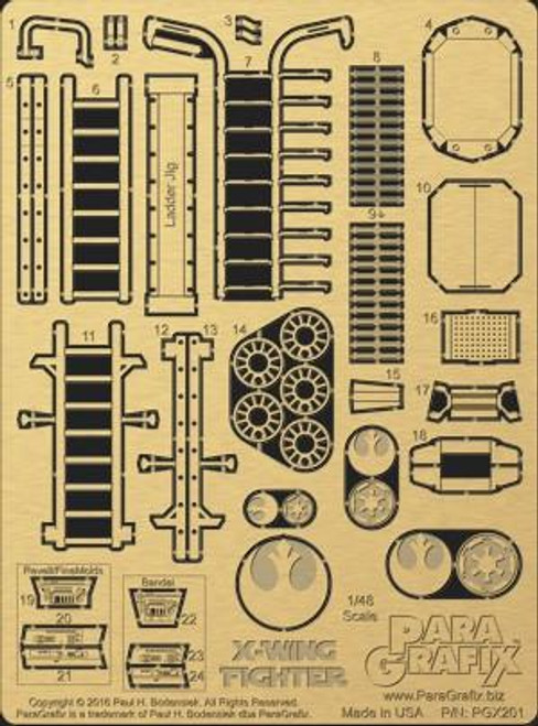 PGX201 Paragrafix 1/48 X Wing Fighter Photo Etch Set for Bandai, Revell, Finemolds Kit MMD Squadron PGX201 Paragrafix 1/48 X Wing Fighter Photo Etch Set for Bandai, Revell, Finemolds Kit MMD Squadron