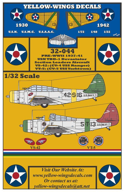 YWD32-044 1/32 Yellow Wings Decals Douglas TBD-1 Devastator VS-42, VT-5 Pre-War MMD Squadron YWD32-044 1/32 Yellow Wings Decals Douglas TBD-1 Devastator VS-42, VT-5 Pre-War MMD Squadron