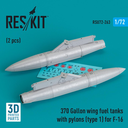 RES-RSU72-0263 1/72 Reskit 370 Gallon wing fuel tanks with pylons (type 1) for F-16 (2 pcs) (3D Printed)  MMD Squadron