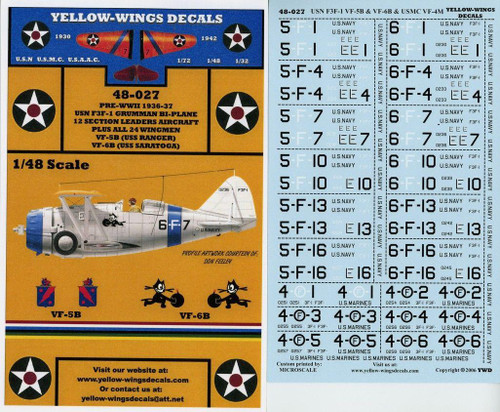 1/48 Yellow Wings Decals USMC F3F-2 Bi-Plane VMF-1 & VMF-2