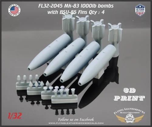FLN-32-2045 1/32 Flying Leathernecks Mk-83 1000lb Bombs with BSU-85 Fins (4)  MMD Squadron FLN-32-2045 1/32 Flying Leathernecks Mk-83 1000lb Bombs with BSU-85 Fins (4)  MMD Squadron