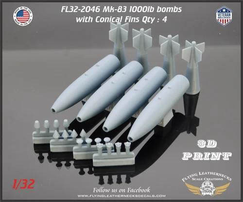 FLN-32-2046 1/32 Flying Leathernecks Mk-83 1000lb Bombs with Conical Fins (4)  MMD Squadron FLN-32-2046 1/32 Flying Leathernecks Mk-83 1000lb Bombs with Conical Fins (4)  MMD Squadron