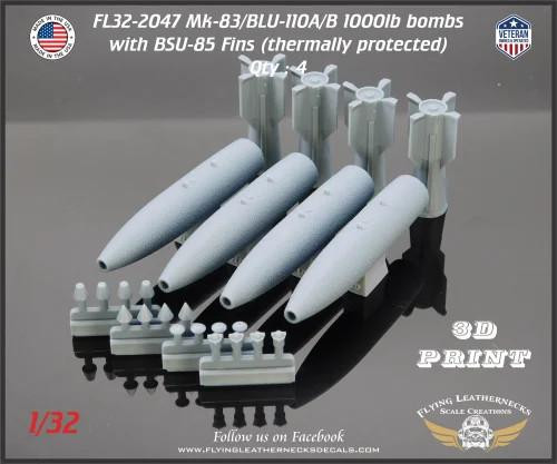 FLN-32-2047 1/32 Flying Leathernecks Mk-83/BLU-110 1000lb TP Bombs with BSU-85 (4)  MMD Squadron FLN-32-2047 1/32 Flying Leathernecks Mk-83/BLU-110 1000lb TP Bombs with BSU-85 (4)  MMD Squadron