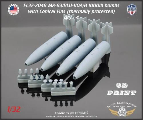 FLN-32-2048 1/32 Flying Leathernecks Mk-83 / BLU-110 1000lb TP Bombs with Conical Fins (4)  MMD Squadron FLN-32-2048 1/32 Flying Leathernecks Mk-83 / BLU-110 1000lb TP Bombs with Conical Fins (4)  MMD Squadron