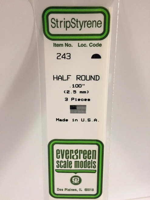EVG243 Evergreen Styrene .100 Half Round (3)  MMD Squadron