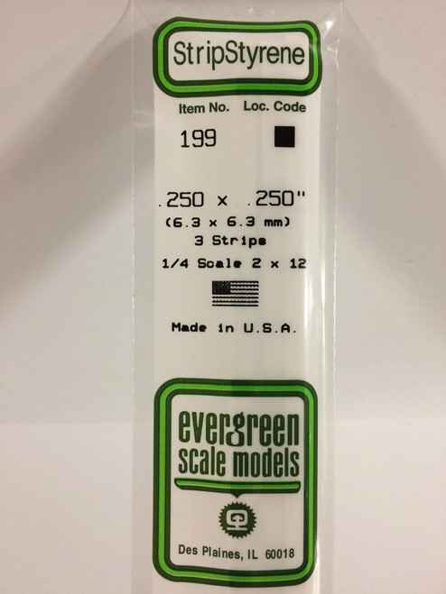 EVG199 Evergreen Styrene .250 X .250 Strips (3)  MMD Squadron