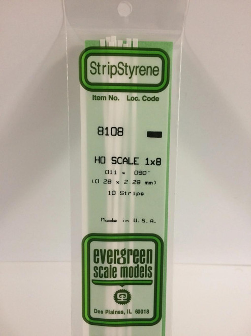 EVG8108 Evergreen Styrene HO Scale 1X8 Strips (10)  MMD Squadron