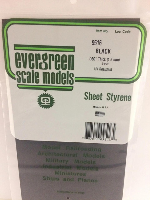 EVG9516 Evergreen Styrene 6" x 12" Black .060 (1)  MMD Squadron