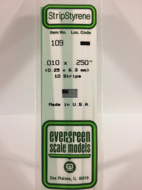 EVG109 Evergreen Styrene .010 X .250 Strips (10)  MMD Squadron