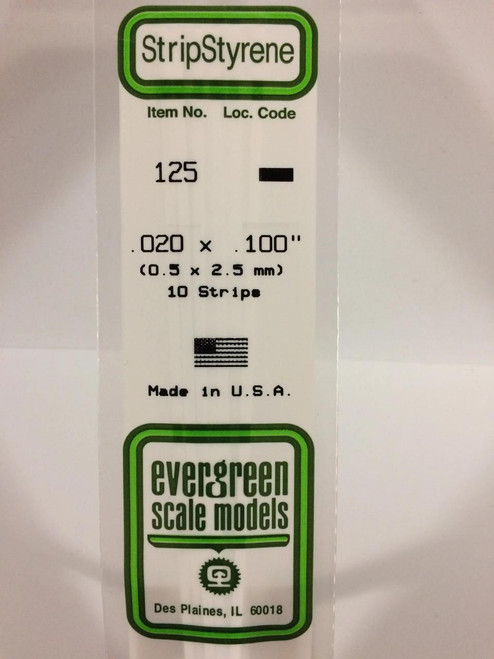 EVG125 Evergreen Styrene .020 X .100 Strips (10)  MMD Squadron