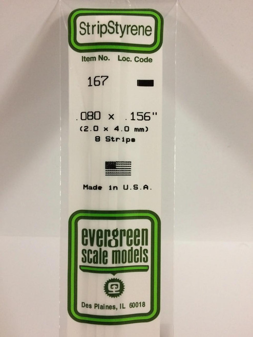 EVG167 Evergreen Styrene .080 X .156 Strips (8)  MMD Squadron