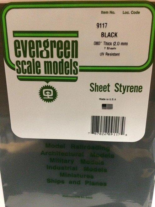 EVG9117 Evergreen Styrene 8" x 21" Black .080 (2)  MMD Squadron