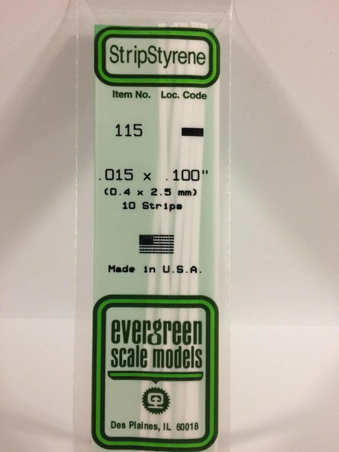 EVG115 Evergreen Styrene .015 X .100 Strips (10)  MMD Squadron
