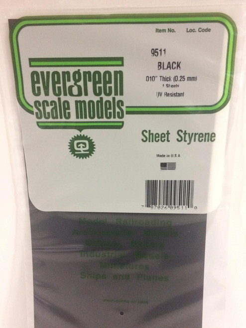 EVG9511 Evergreen Styrene 6" x 12" Black .010 (4)  MMD Squadron