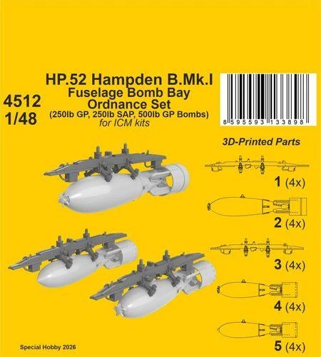  CMK-129-4512   1/48 CMK HP.52 Hampden B.Mk.I - Fuselage Bomb Bay Ordnance Set for ICM kits   MMD Squadron